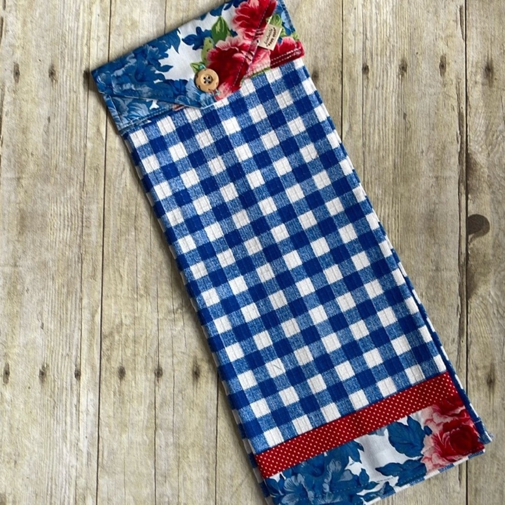Hanging Towel Oven Door Floral and Checkered Sewn Top Pioneer Woman Dark Blue